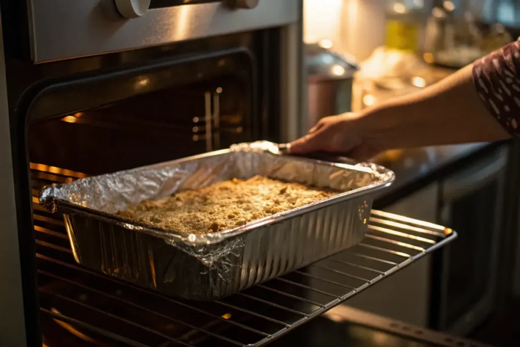 Casserole dish of no peek beef tips being placed into the oven