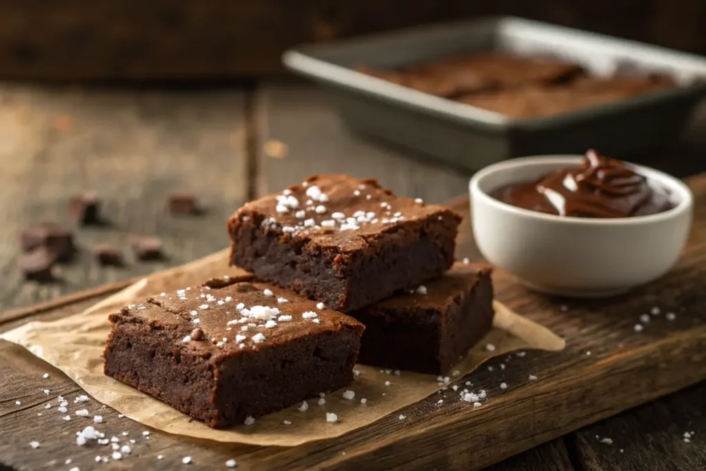 Freshly baked brownies garnished with sea salt