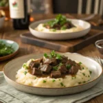 No Peek Beef Tips served over mashed potatoes on a rustic table