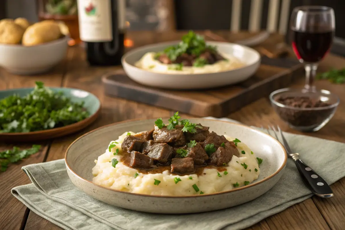 No Peek Beef Tips served over mashed potatoes on a rustic table