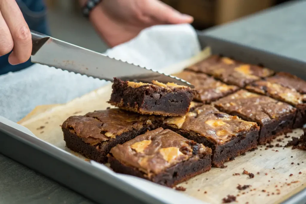 Brownies being sliced to reveal a gooey texture