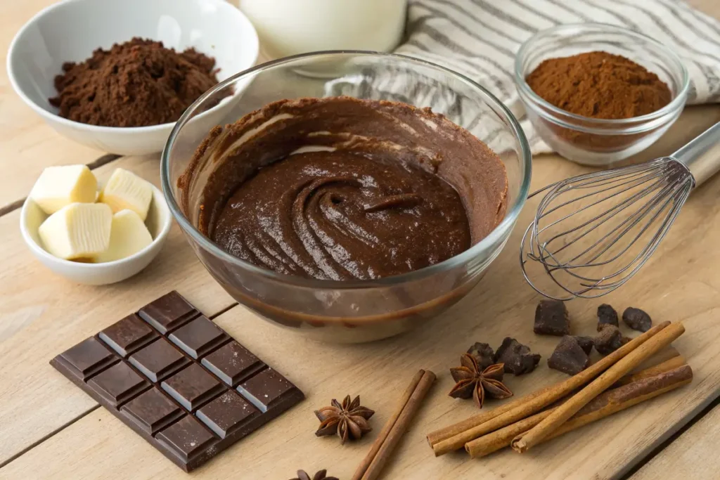 Brownie batter and key ingredients on a kitchen counter