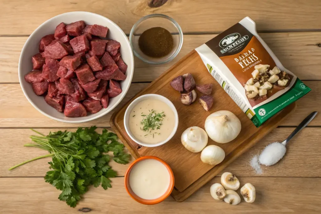 Ingredients for no peek beef tips on a wooden countertop